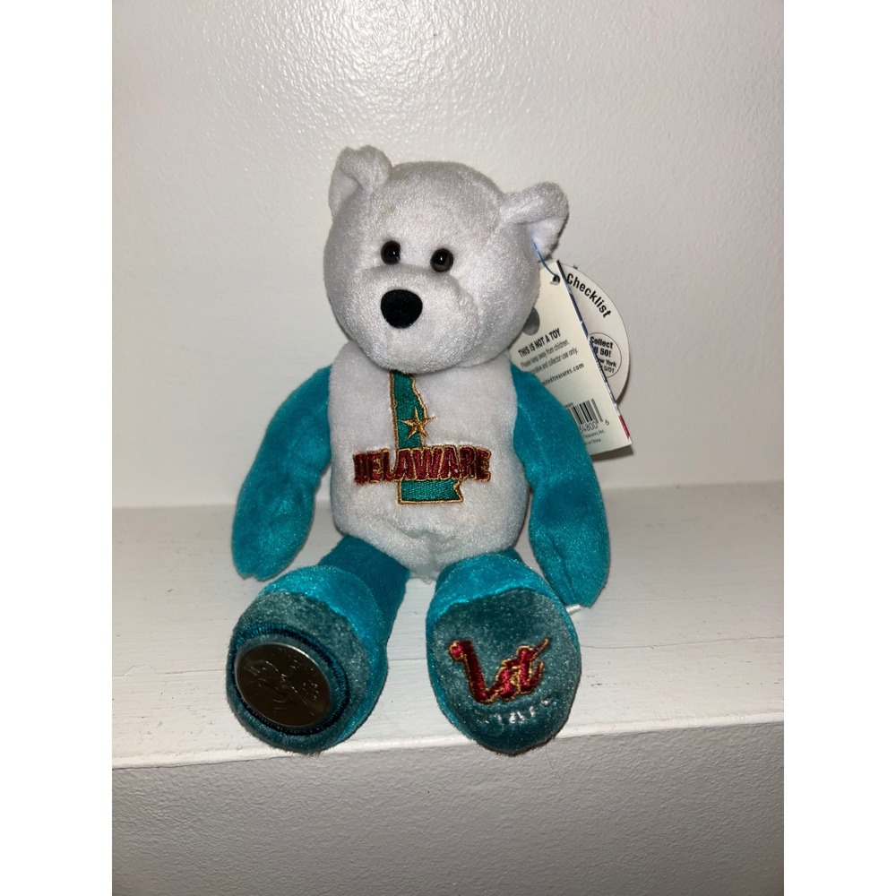Limited Treasures Delaware State Quarter Bear 2001 Teal White Collectible Plush